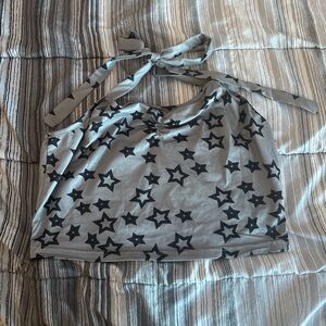 grey halter top with star patterns, tie around neck, scrunch in chest